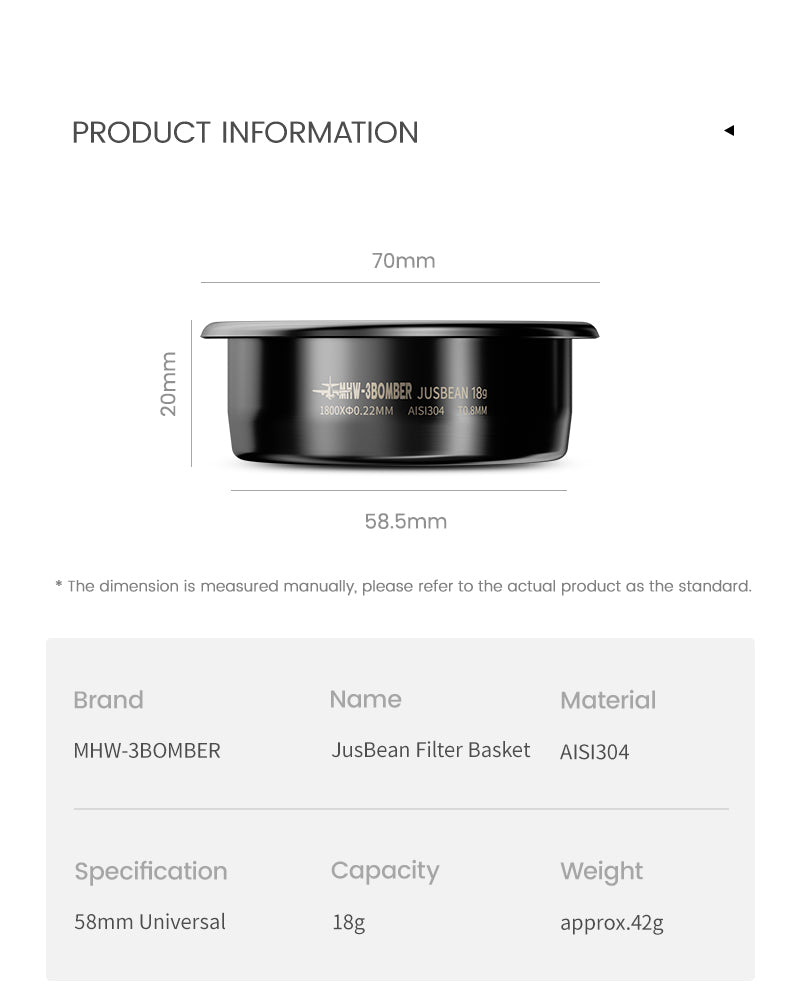JusBean Filter Basket Titanium Black 58mm MHW-3BOMBER – 1800 lỗ siêu mịn, đáy phẳng, ~18g cho espresso