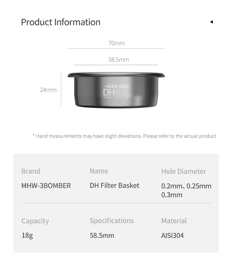 Giỏ lọc DH 58mm 18g MHW-3BOMBER cho espresso dark roast – 580 lỗ đa kích thước
